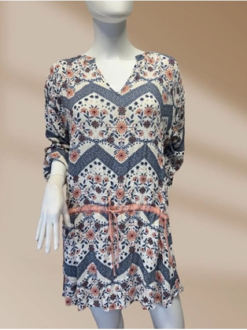 Floral Chevron V-Neck Tunic Dress in Blue and Peach